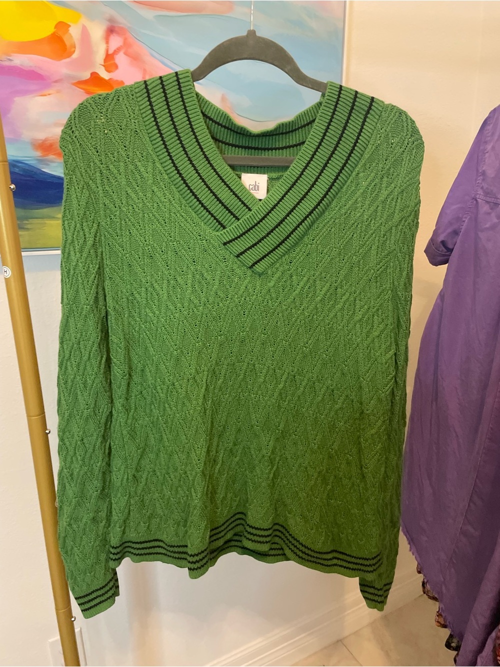 CAbi‎ Bright Green Sweater with Black Stripes Womens Small